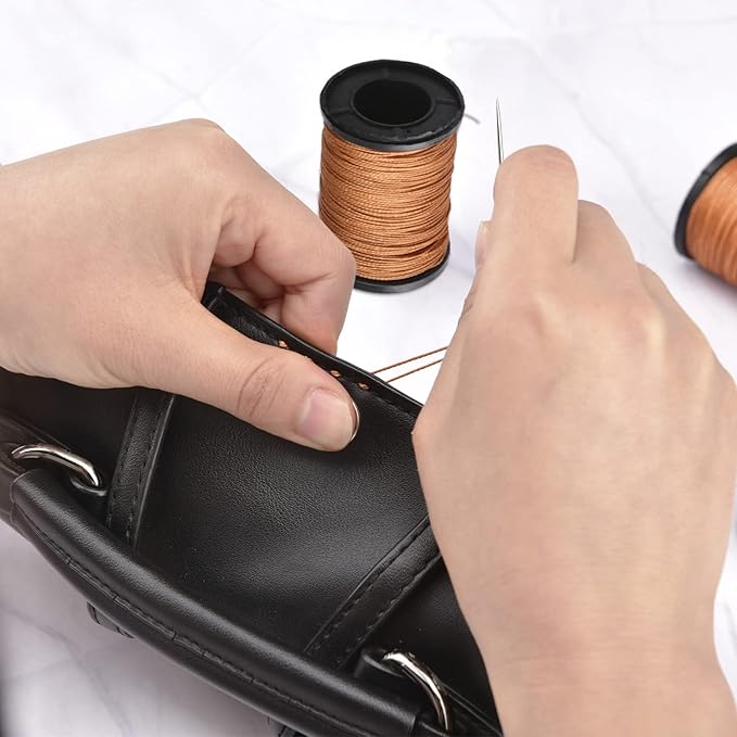 Topus Extra Strong Upholstery Repair Sewing Thread Kit and Heavy Duty Household Hand Needles, Including 7 Styles of Leather Canvas Sewing Needles and 3 Rolls Nylon Thread (70 Yard of Each Roll), Brown