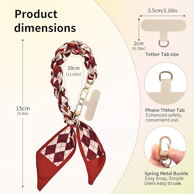 Fycyko Phone Wrist Strap with Gold Metal Scarf and Universal Tether Tab, Aesthetic Print Design Ribbon Chain, Multi-Purpose Accessories for Bag Key Cellphone for Men Women Girls-Red Checkerboard