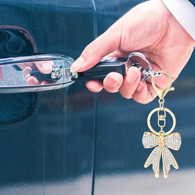 2 PCS Pink White Gold Bow Keychain with Rhinestones Bowknot Keychain Bling Cute Keychain Shiny Purse Charms Accessories for Keys