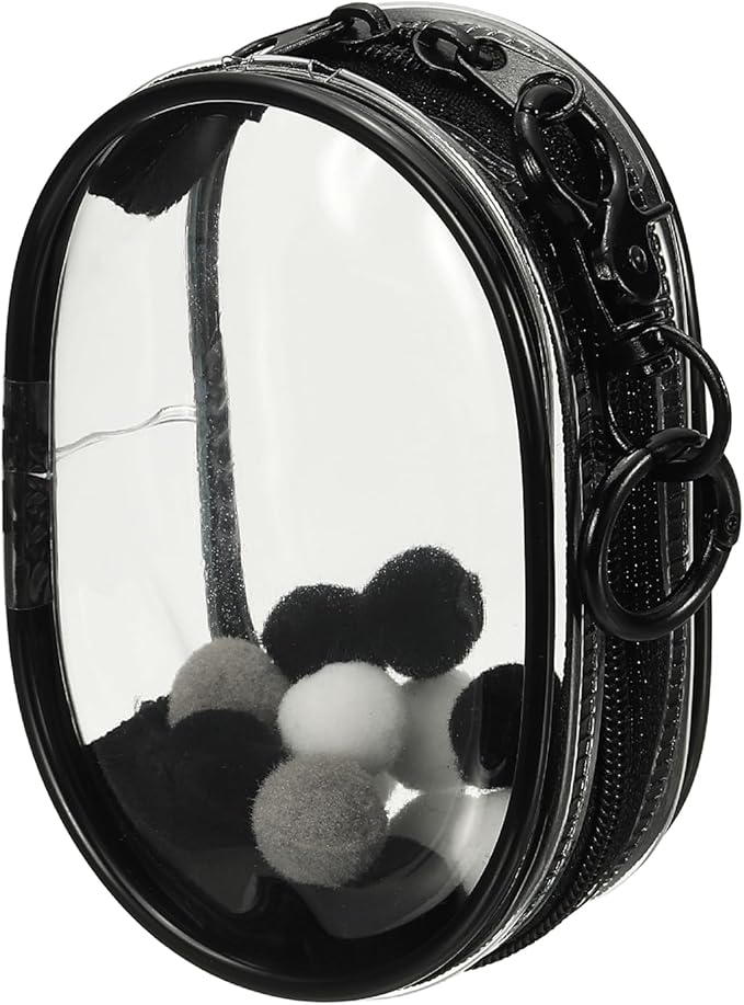 uxcell 4 Inch Clear Figure Display Bag, Mini Clear Pouch Waterproof Coin Pouch with Keychain and Pom Poms for Blind Box Doll Display (Round, Black)