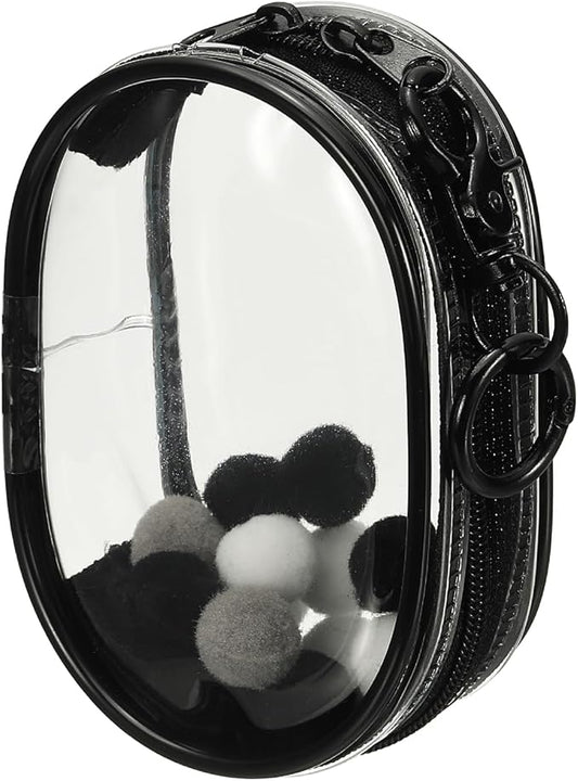 uxcell 4 Inch Clear Figure Display Bag, Mini Clear Pouch Waterproof Coin Pouch with Keychain and Pom Poms for Blind Box Doll Display (Round, Black)