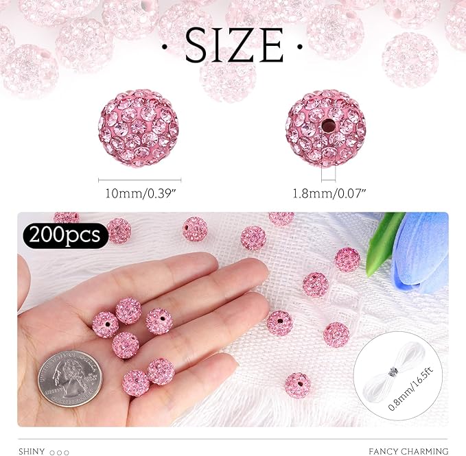 200 Pcs Pink Rhinestone Beads for Jewelry Making, Sparkle Crystal Clay Christmas for Bracelet Baseball Necklace Earring Crafting and DIY, Shiny Round Shamballa Disco Ball Beads Bulk