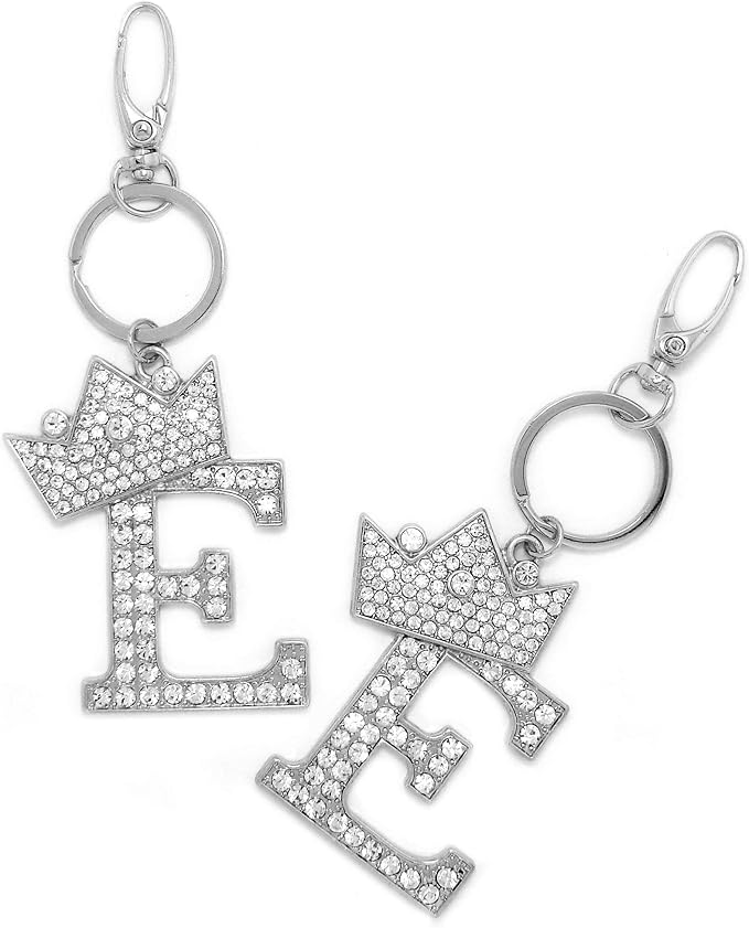 CBC Crown Crystal Rhinestone Letter Initial Keychain, Gold Metal, Bag Charm with Key Ring Approx. 2.17" x 2.56"