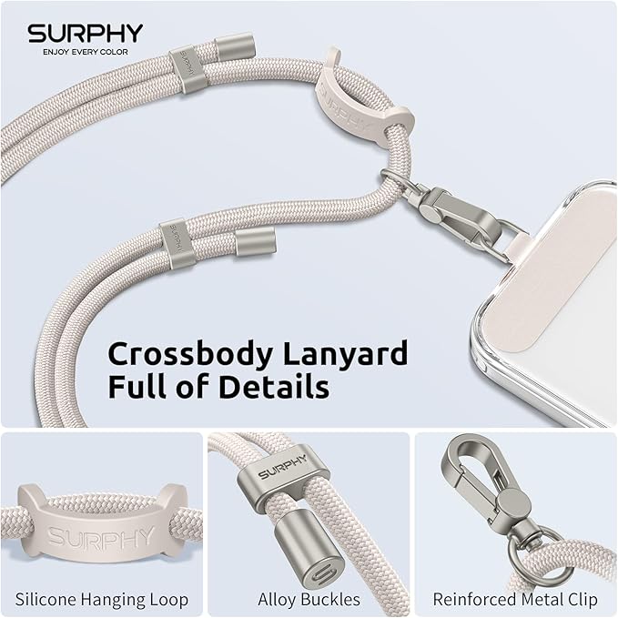 SURPHY Phone Lanyard, Adjustable Phone Strap Crossbody with 2 Pack Cell Phone Tether Tab, Premium Metal Buckles, Skin-Friendly, Universal Cell Phone Lanyard Crossbody for Women and Men, Stone