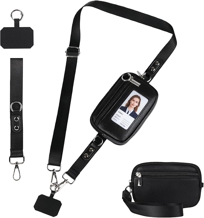 Phone Lanyard Crossbody with Wallet，Detachable Phone Strap Wristlet with ID Window and Zipper，Adjustable Strap for All Phone