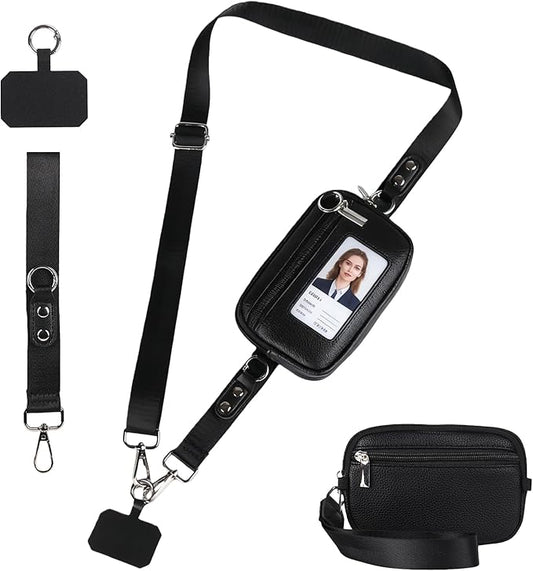 Phone Lanyard Crossbody with Wallet，Detachable Phone Strap Wristlet with ID Window and Zipper，Adjustable Strap for All Phone