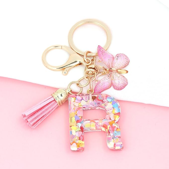 Fashion Alphabet Initial Letter Keychain Tassel Butterfly Pendant Key Ring for Purse Handbags Women Girl