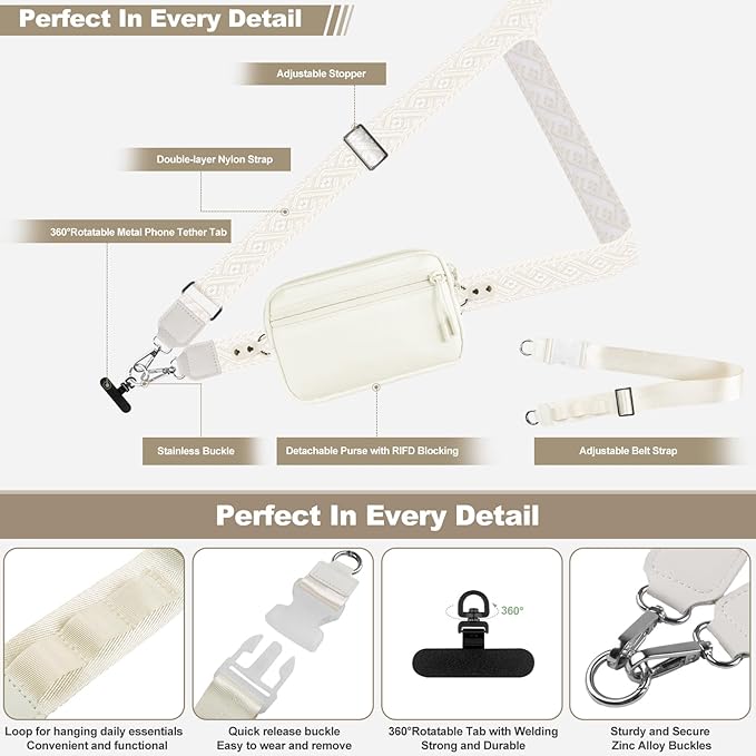 Phone Strap Crossbody, Clip and Go Strap for Phone with Wallet Crossbody, Adjustable Phone Lanyard Belt Strap with Detachable RFID Wristlet Wallet (XL-Cream)