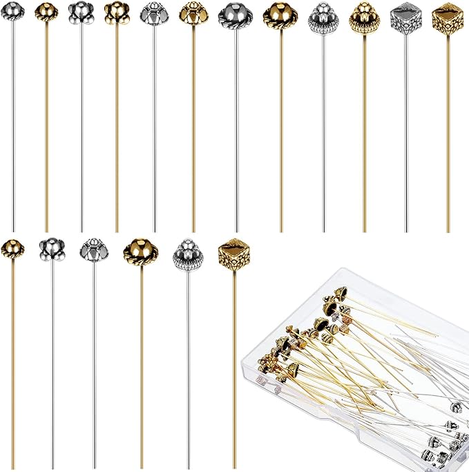 60 Pieces Jewelry Head Pins Mixed Color Alloy Pins Flower Needle Retro Long Metallic Head Pins Silver and Gold Beading Headpins for Jewelry Making Earring Bracelet Women DIY Accessories
