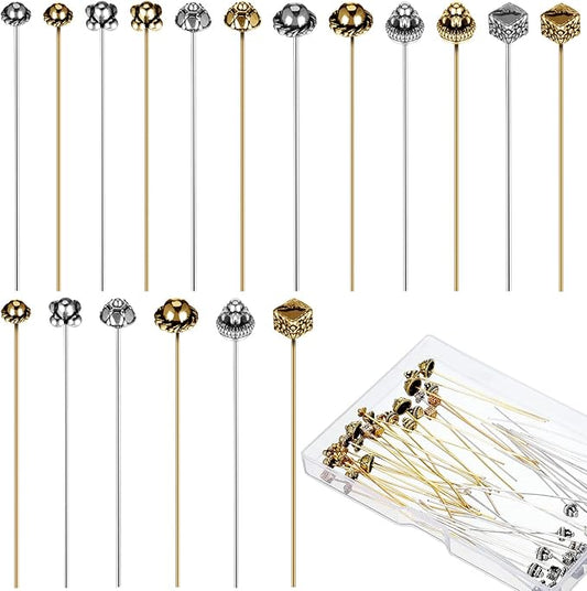 60 Pieces Jewelry Head Pins Mixed Color Alloy Pins Flower Needle Retro Long Metallic Head Pins Silver and Gold Beading Headpins for Jewelry Making Earring Bracelet Women DIY Accessories