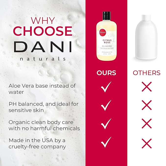 DANI Naturals Moisturizing Body Wash - Citrus Rose Scent with Organic Aloe Vera & Natural Glycerin - Paraben & Sulfate-Free Shower Gel - 12 oz - Vegan & Cruelty-Free