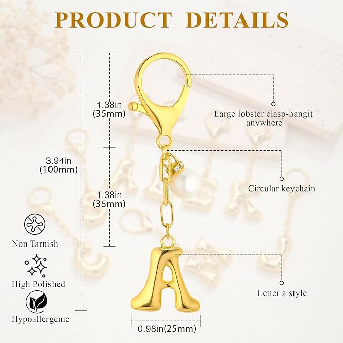 VICKHU Gold Plated Bubble Initial Letter Cute Keychain for Women Car Key Purse Decorative Keyring Handbag Charms Fashion