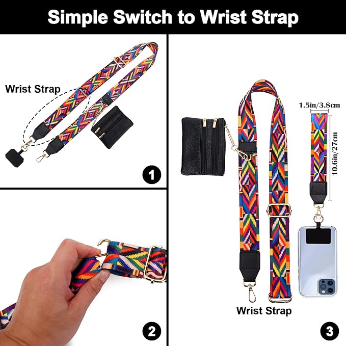 XANGNIER Clip and Go Strap for Phone with Wallet Crossbody, Phone Strap with Zippered Wallet, Adjustable Anti Theft Cellphone Lanyard for Women, Cellphone Chain Accessories,Multicolor 10