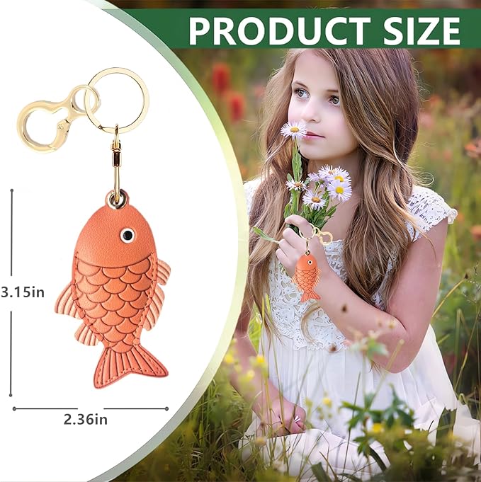 Leather Keychain Holder Case Compatible with AirTag,Cute Protective Cover with Keyring,Anti-Scratch Finder GPS Tracker Case for Wallet Keys,Bag,Pets(Fish Red)