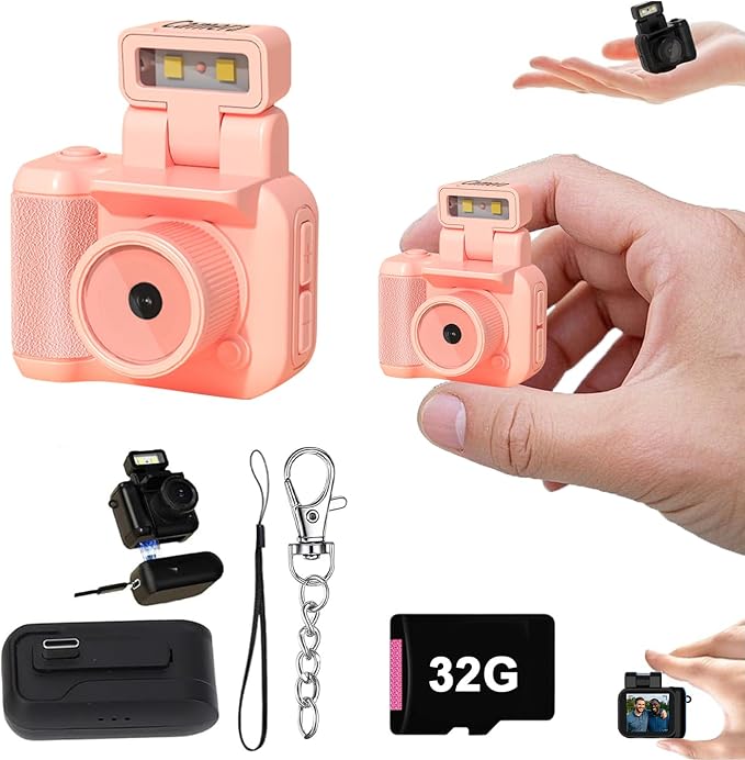 Retro Snap Camera，Mini Nostalgic Vintage View，Tiny Snaps，Keychain Digital Photo Camera，Llavero Mini CáMara Retro，1080p Hd with Led Flash Light (Pink 32G)