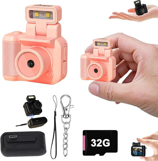Retro Snap Camera，Mini Nostalgic Vintage View，Tiny Snaps，Keychain Digital Photo Camera，Llavero Mini CáMara Retro，1080p Hd with Led Flash Light (Pink 32G)