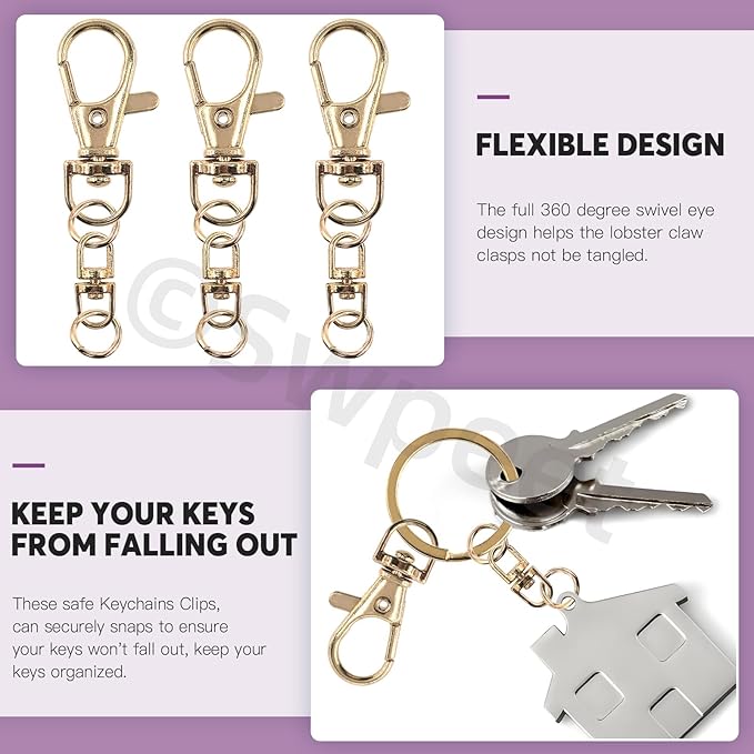 Swpeet Assorted 150Pcs Golden Keychain Making Kit, 50Pcs Swivel Lobster Claw Clasps, 50Pcs Rotating 8-Shaped Buckle Claw Clasp, 50Pcs Jump Ring, Swivel Trigger Hook, Swivel Clasps Lanyard Snap Hook