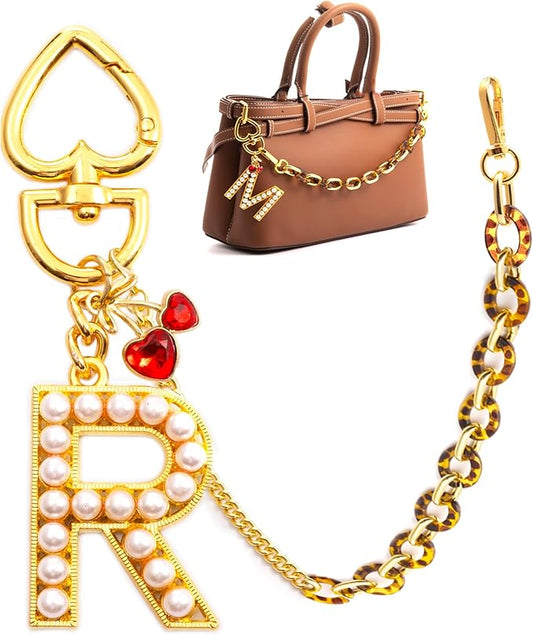 Pearl Initial Keychain with Leopard Bag Charms Wallet Chain Women Cute Alphabet Keychains Charm for Purse Handbag