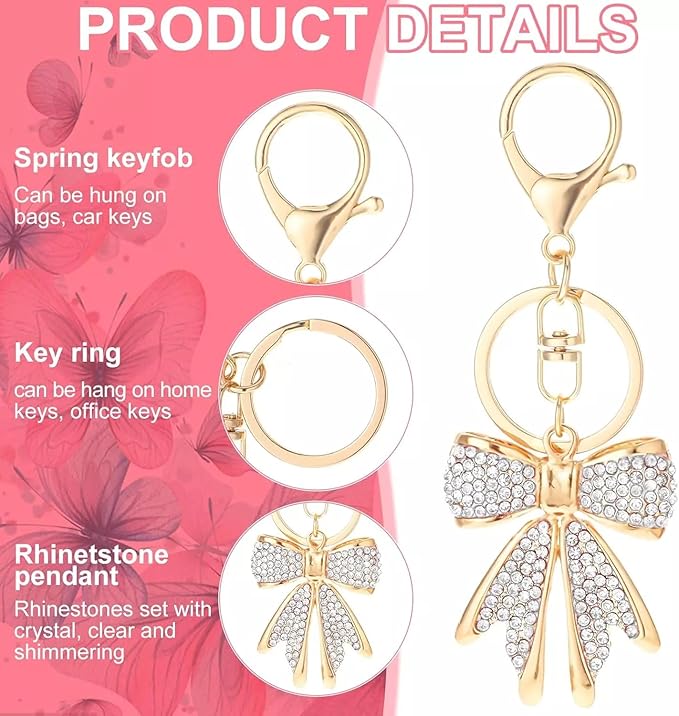 2 PCS Pink White Gold Bow Keychain with Rhinestones Bowknot Keychain Bling Cute Keychain Shiny Purse Charms Accessories for Keys