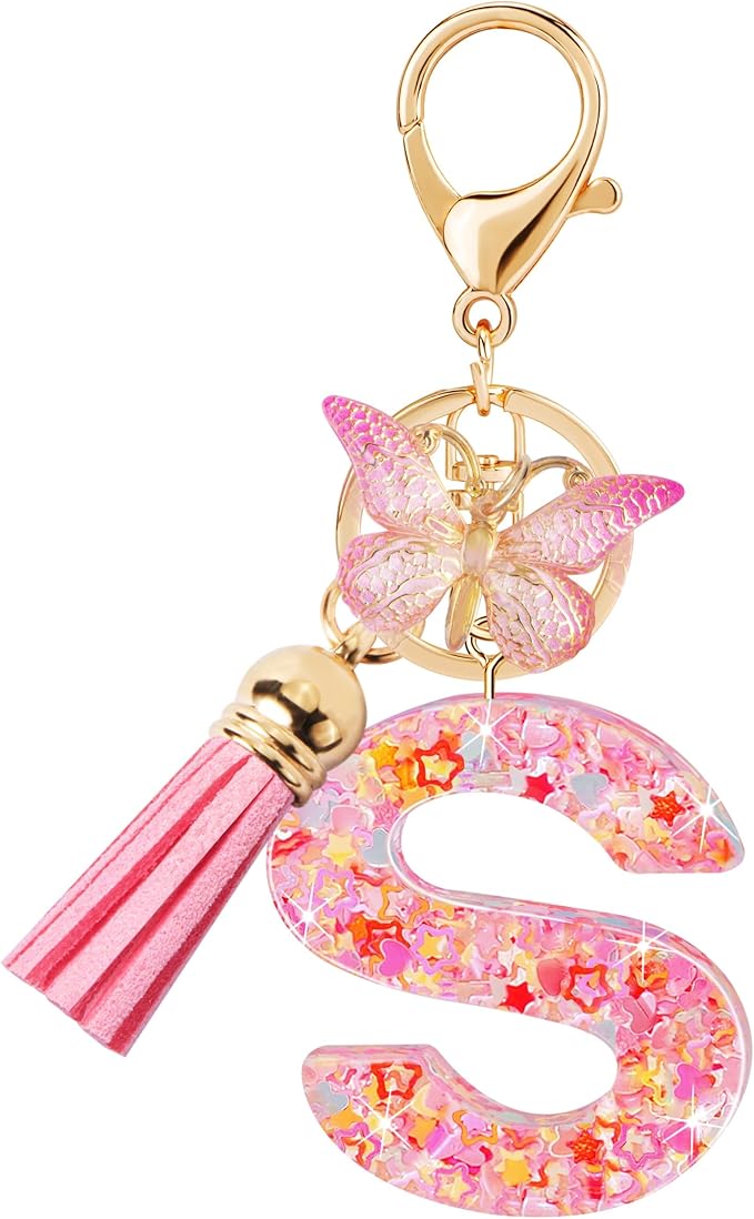 Initial letter Keychains for Women Girls Tassel Butterfly Cute Keychain for Wallet Backpack charm
