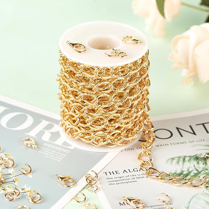 UMAOKANG 5 Meters Aluminum Chain for Jewelry Making Light Gold Plated Embossed Twisted Oval Link Chains Bulk with Jump Rings and Lobster Clasps