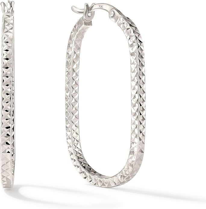 Paperclip Oval Hoops in Real 10K White Gold with a Diamond-Cut Finish | 30mm Length | Real Gold, Stamped for Authenticity