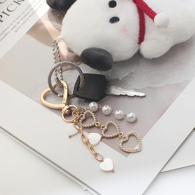 Pearl Beaded Keychain Charms, Cute Purse Charms for Handbags, Gold Starfish Keyring for Women, Heart Star Moon Shell