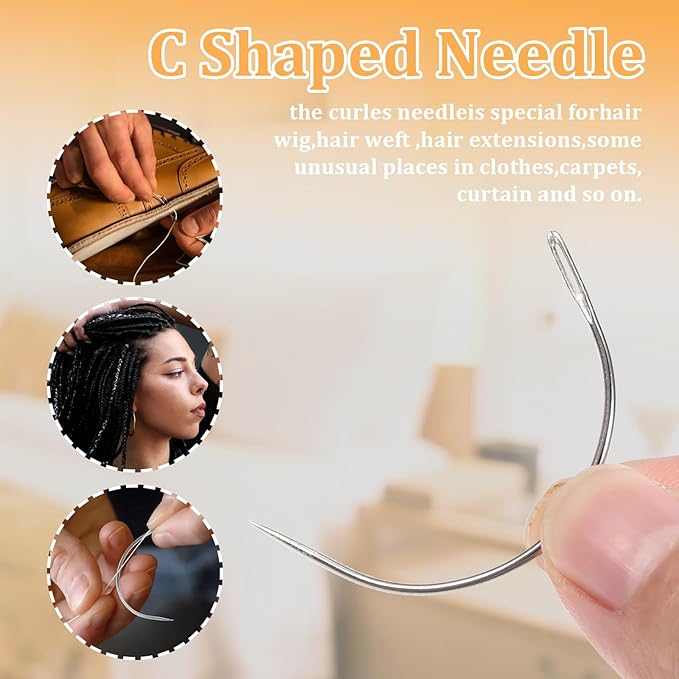 Hair Needle and Thread Set, 12pcs Hair Extension Tools 3 Rolls Hair Weave Sewing Threads with 9pcs C J I Shape Curved Upholstery Needles for Hand Sewing Hair Weave Extension Making Wig