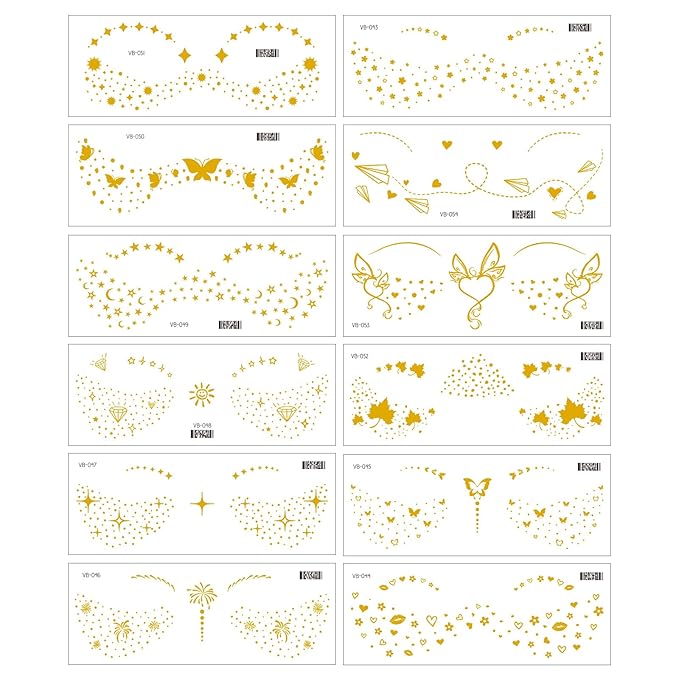 12 Pcs Gold Face Temporary Tattoo Sticker, Glitter Metallic Freckle Face Tattoo Stickers, Glitter Freckles, Sparkle Makeup Patches Face Tattoo for Women Party Decor 655