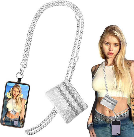 XANGNIER Clip and Go Strap for Phone with Wallet Crossbody, Phone Strap with Zippered Wallet, Adjustable Anti Theft Cellphone Lanyard for Women, Cellphone Chain Accessories,Chain Silver