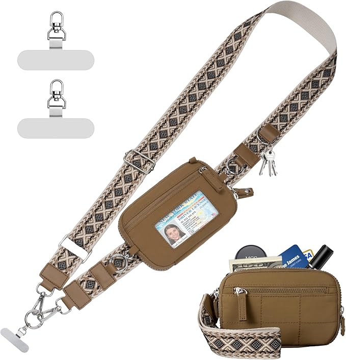 Clip and Go Strap for Phone with Wallet Crossbody Phone Lanyard with Anti-Theft Zipper Pouch Detachable Quilted Wrist Wallet with RFID and ID Window for Daily and Travel