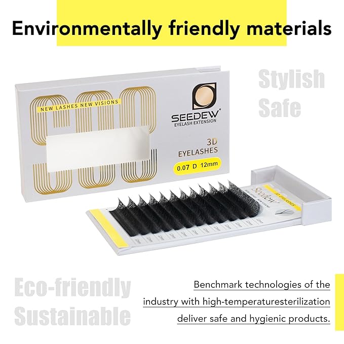 SEEDEW 3D Lash Extensions, 0.07mm C Curl MIX8-15mm 12 Rows/Tray, W Shape Flat Stem, Korean PBT Natural Eyelash Grafting for Beginner Artist, Lash Tech, Beauty Salon(3D-Matte Black-0.07-C-MIX8-15mm)