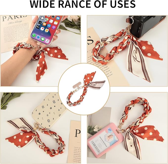 Fycyko Phone Wrist Strap with Gold Metal Scarf and Universal Tether Tab, Aesthetic Print Design Ribbon Chain, Multi-Purpose Accessories for Bag Key Cellphone for Men Women Girls-Orange Polka Dot