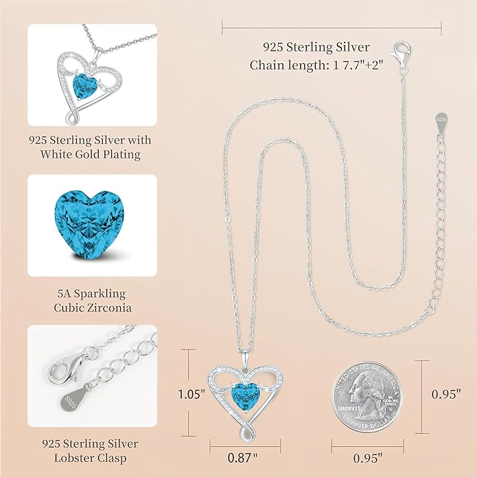 Yuelove Infinity Necklace for Women, 925 Sterling Silver Heart Necklace with 5A Zircon, White Gold Plated Adjustable Chain, Gift for Valentine's Day, Birthday, Anniversary for Wife, Girlfriend, Mom