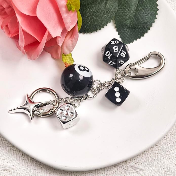 Y2K Keychain for Women, 8 Ball Dice Charm with Carabiner Clip - Cute Goth Core Keychain Bag Charm for Keys Bags Jeans