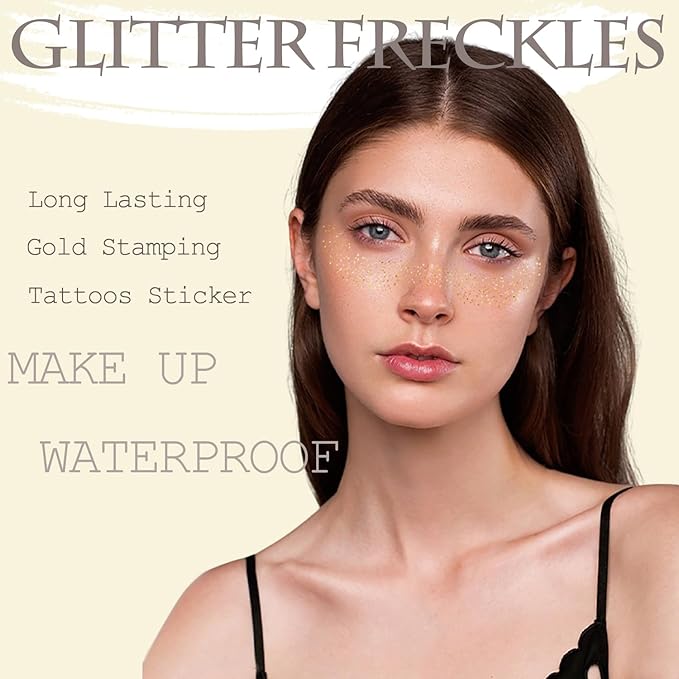 AIBEE Glitter Freckles, 12PCS Temporary Tattoos Fake Freckles Gold Body Face Glitter Sparkle Freckles Makeup Patches Rave Festival Party Accessories for Women Girls