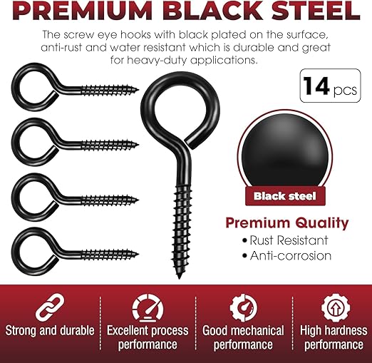14PCS Black Screw Eyes - 3.2 Inch Heavy Duty Eye Bolts, Cable & Wire Securer - Hammock Stand, Indoor & Outdoor Use