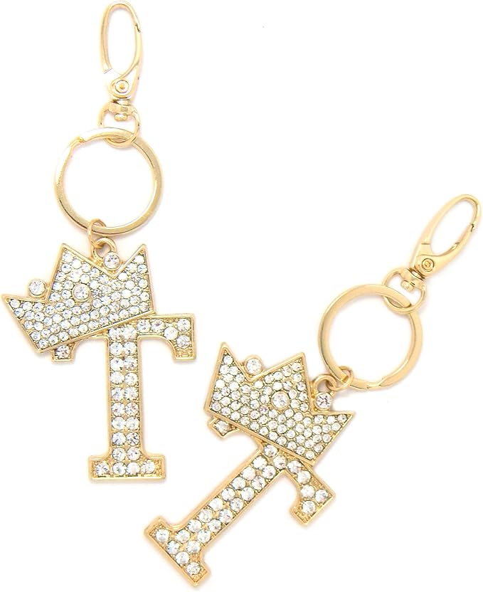 CBC Crown Crystal Rhinestone Letter Initial Keychain, Gold Metal, Bag Charm with Key Ring Approx. 2.17" x 2.56"