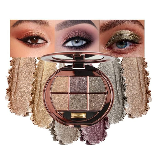 6-Color Shimmer Eyeshadow Palette, Micro-Glitter Pearlescent Neutrals, Silky Smooth High-Pigment Powder, Non-Caking No-Fallout, Waterproof Sweatproof Long-Lasting Eye Makeup, Giftable Palette-A05
