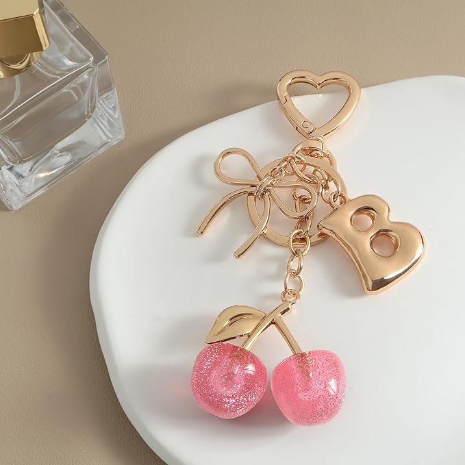 Snycler Bubble Initial Keychain with Cherry & Bow - Gold Letter Bag Charms for Women, Cute Purse Handbag Accessories
