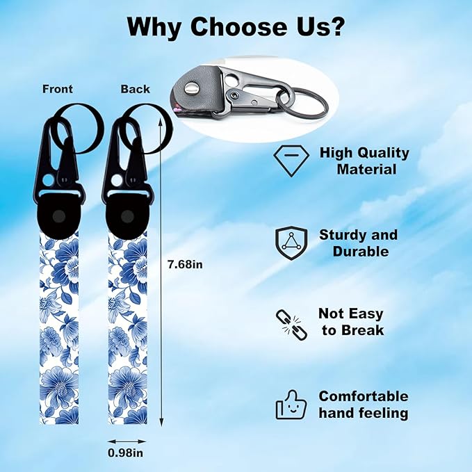 2 Pcs Classic Black & Floral Keychain Wristlet Lanyard for Women couples, Flower Wristlet Strap for Keys Hands-Free Wearable
