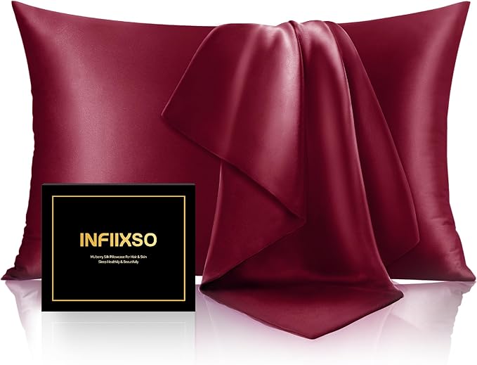 INFIIXSO Silk Pillow Cases 2 Pack Standard Size, Ultra Smooth & Soft Mulberry Silk Pillow Case for Hair and Skin, Breathable Cooling Silk Pillowcase with Hidden Zipper (Burgundy, 20x26 Inches)