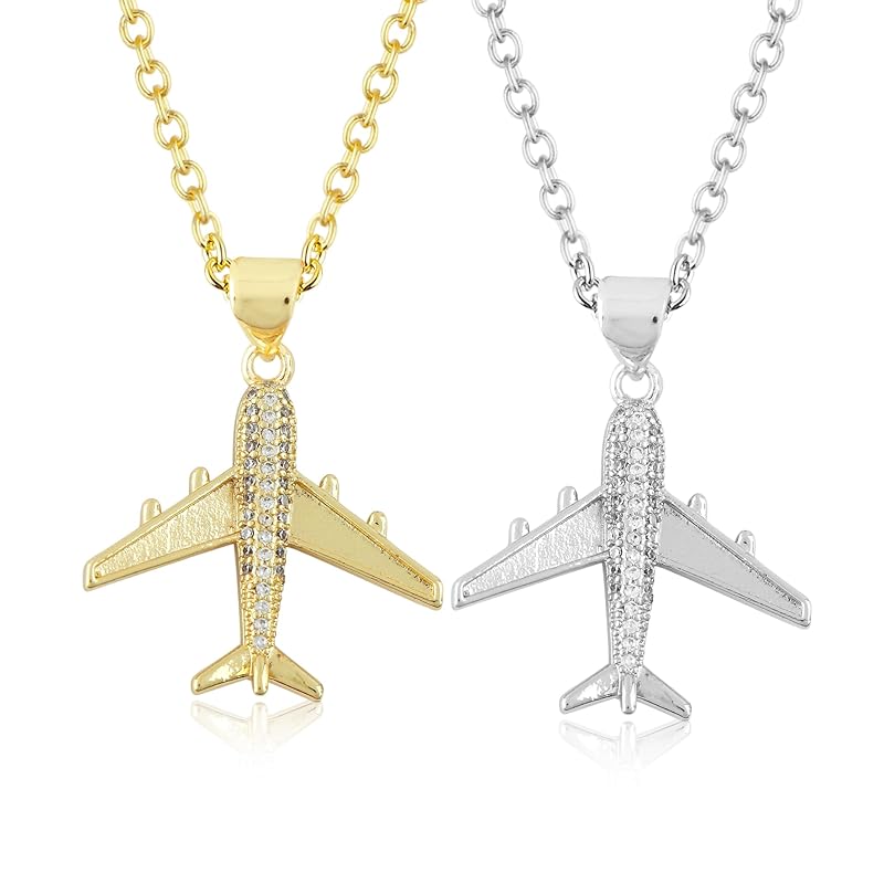 JOR Aeroplane Charm with CZ Pendant Necklace, Travel Lover Charm, Men & Women Unisex Jewelry, Dainty Gold & Silver Plated Combo Chain 18 inch (Pack of 2)