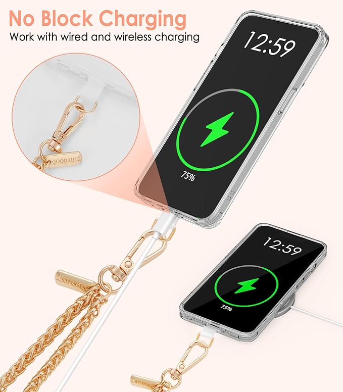 MoKo Universal Phone Lanyard, Metal Cell Phone Chain Crossbody Strap Anti-Theft Detachable Women Cellphone Lanyards Around The Neck with Patches for iPhone, Most Smartphones, Pale Gold