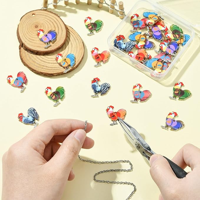 Stiesy 30 Pcs 6 Colors Enamel Cute Farm Animal Pendant Charm Colorful Printed Rooster Cock Dangle Charms Bulk for Jewelry Making DIY Necklace Bracelet Crafting