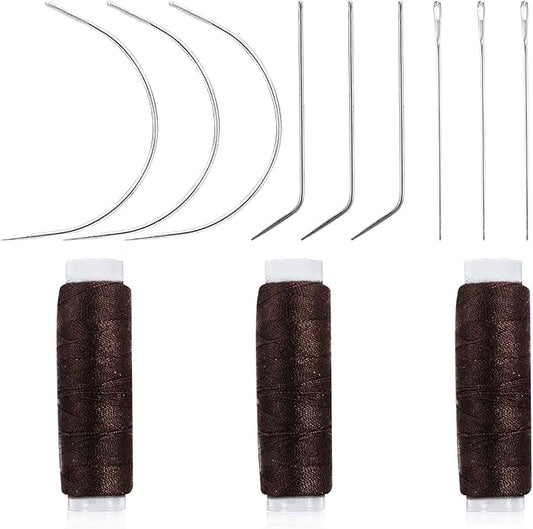 Hair Needle and Thread Set 12 Pcs Sewing Hair Extension Tools Curved Needle Brown Weaving Threads for Making Wig, Sew in Needles and Thread(Brown)
