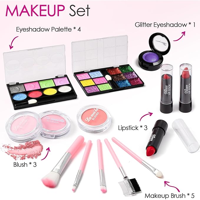 Golray Teen Makeup Kit for Girls Ages 8-12, Starter Full Make up Set With Train Case / 4 Eyeshadow Pallets/Blush/Lipstick/Brush, Kid Birthday Gift Beauty Toy for Girl 9 10 11 12 Years