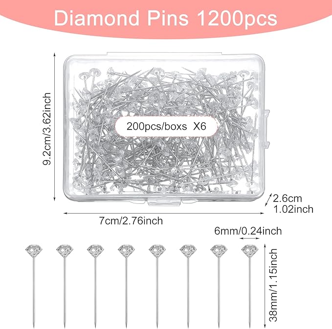 1200Pcs Diamond Pins for Bouquets, Rhinestone Floral Pins for Bouquet Accessories, Crystal Head Pin for Wedding Bouquets, DIY Craft, Floral Arrangements