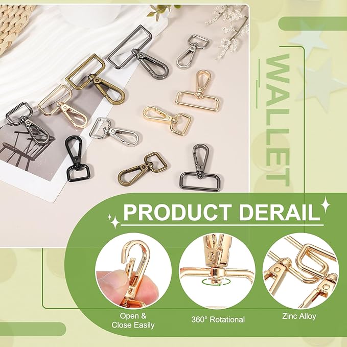 Swivel Snap Hooks, Metal D Ring Keychain Lanyard Clip Hook Lobster Clasp Claw Push Gate Clip - Fitting for(Purse Making - Sewing - DIY Crafts) 6 Pcs & 3/4" & Light Gold
