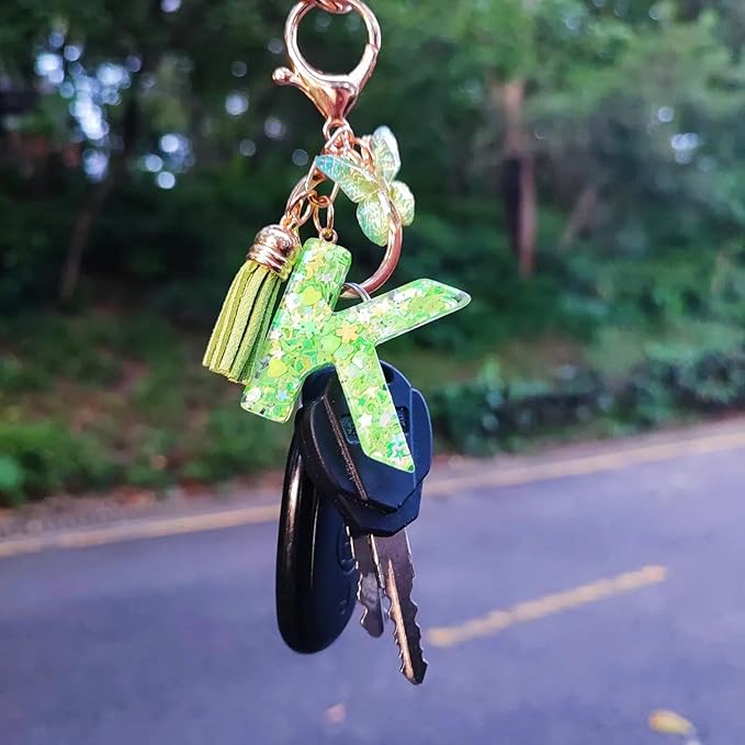 Cute Initial Letter Keychains for Women Girls Tassel Butterfly Pink Purple Green Keychain for Backpack School Bag